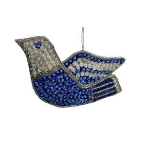 Vintage Blue White Peace Dove Bird Christmas Ornament Sequin Beads 5.5"x3"